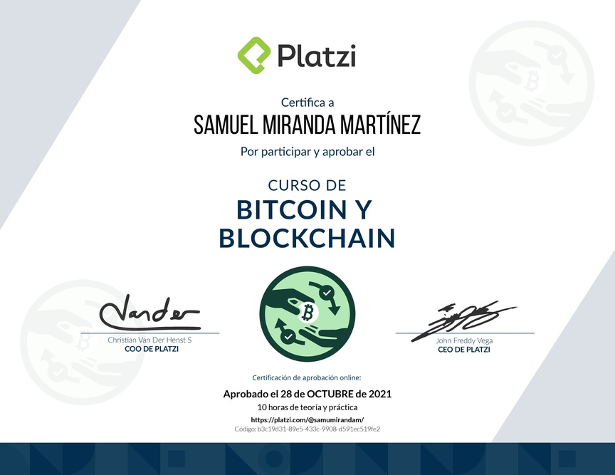 Diploma del Curso de Bitcoin y Blockchain