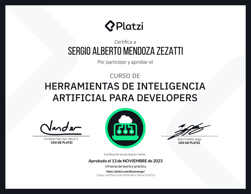 Diploma del Curso de Herramientas de Inteligencia Artificial para Developers (2023)