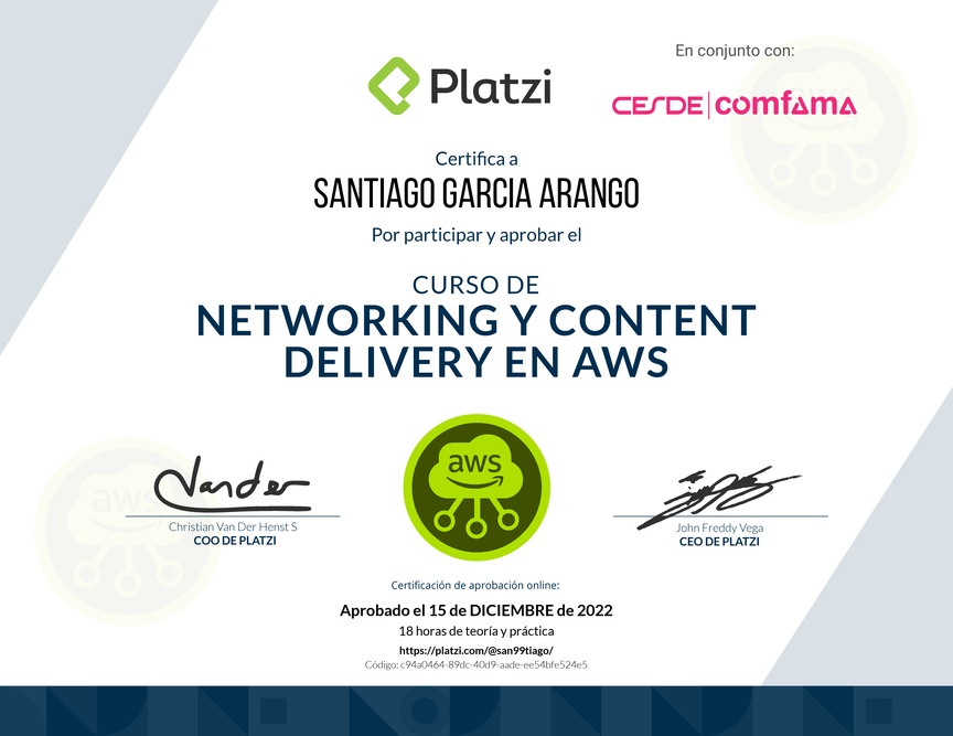 Diploma del Curso Práctico de Networking y Content Delivery en AWS