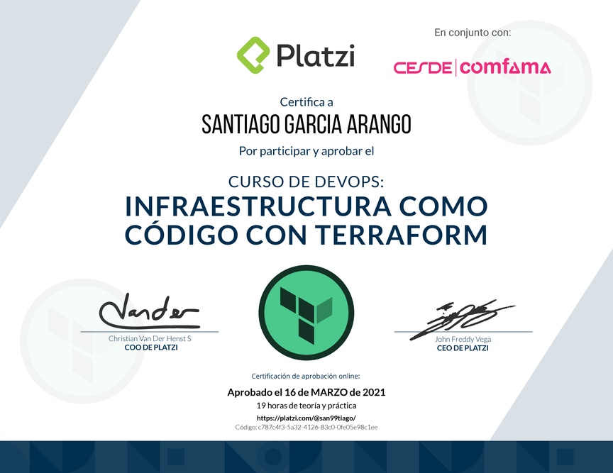 Diploma del Curso de Infraestructura Como Código con Terraform