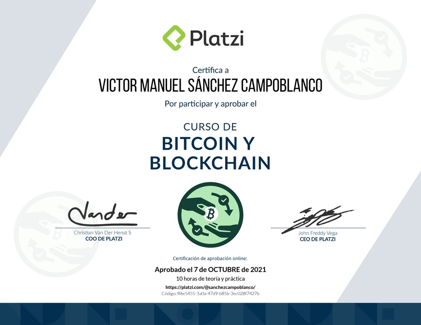 Diploma del Curso de Bitcoin y Blockchain