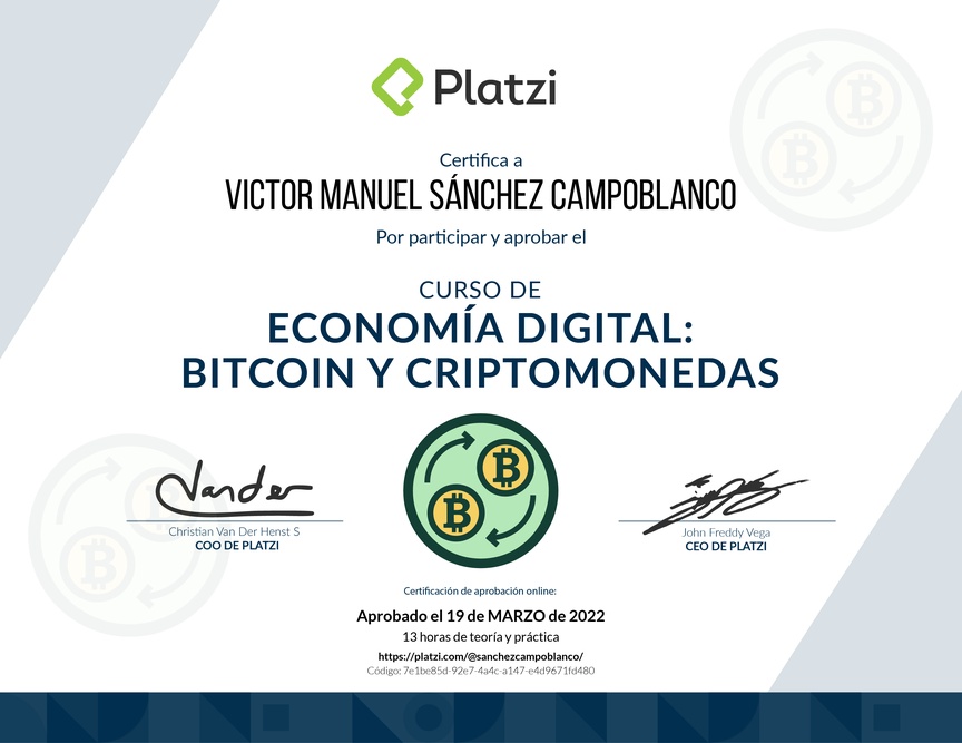 Diploma del Curso de Economía Digital: Bitcoin y Criptomonedas