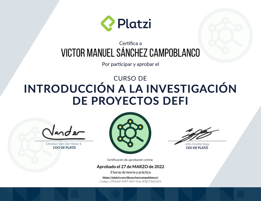 Diploma de Minicurso de Introducción a la Investigación de Proyectos DeFi
