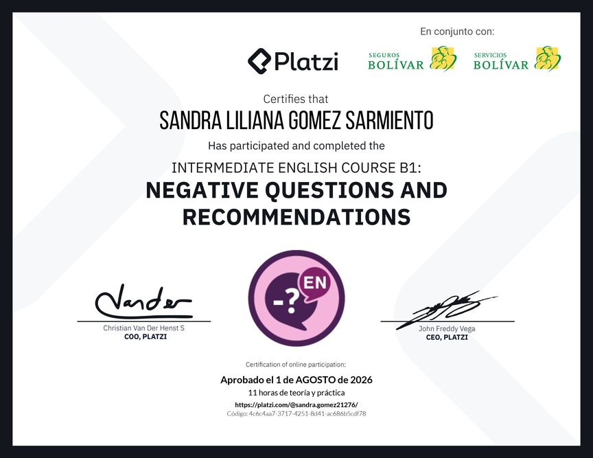 Diploma del Curso de Inglés Intermedio B1: Preguntas Negativas y Recomendaciones