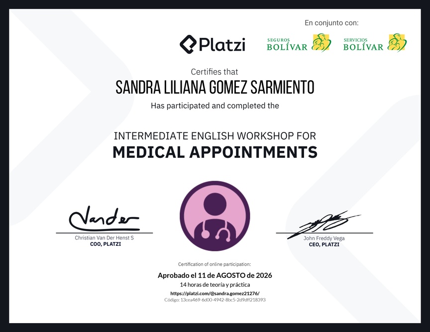 Diploma del Curso de Inglés Práctico para Consultas Médicas