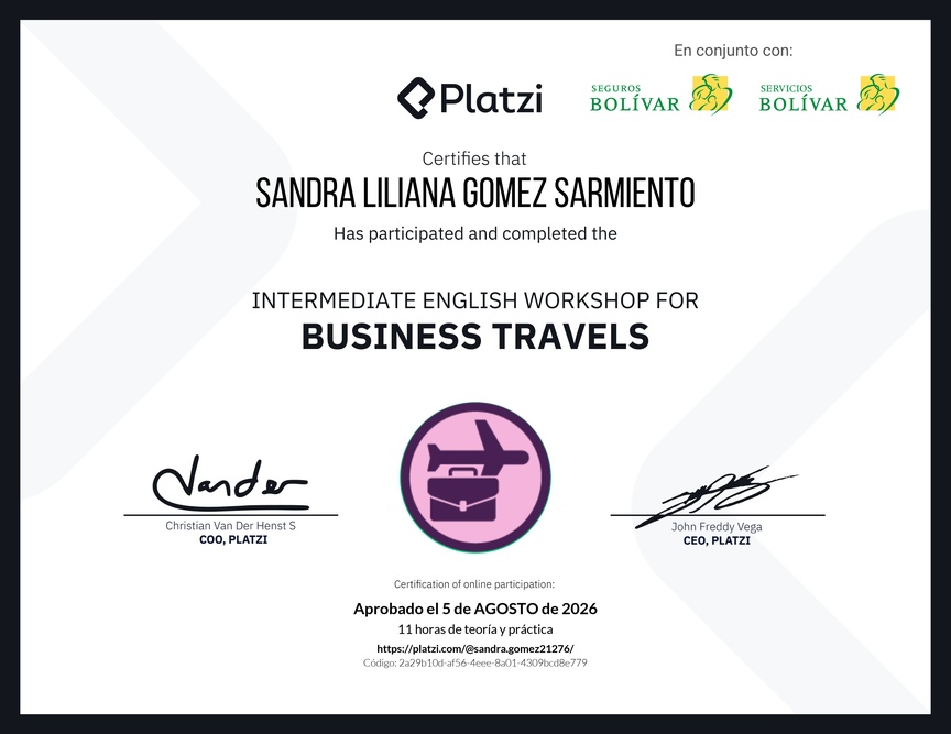 Diploma del Curso de Inglés Práctico para Viajes de Negocios