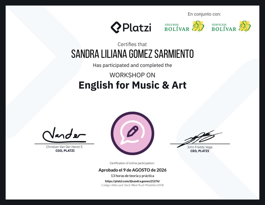 Diploma del Curso de Inglés Práctico sobre Vocabulario de Música y Arte