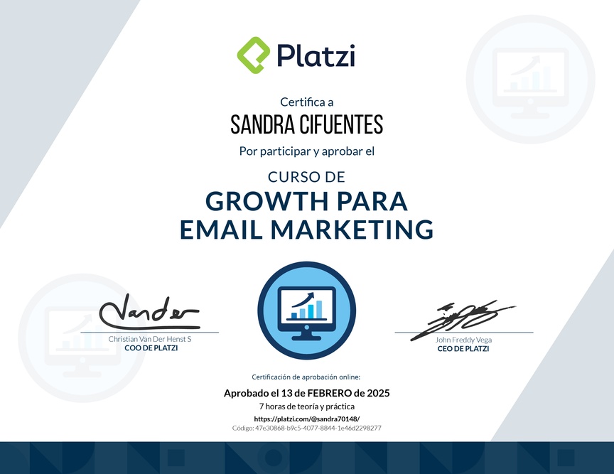 Diploma del Curso de Desarrollo de Estrategias de Growth para E-mail Marketing