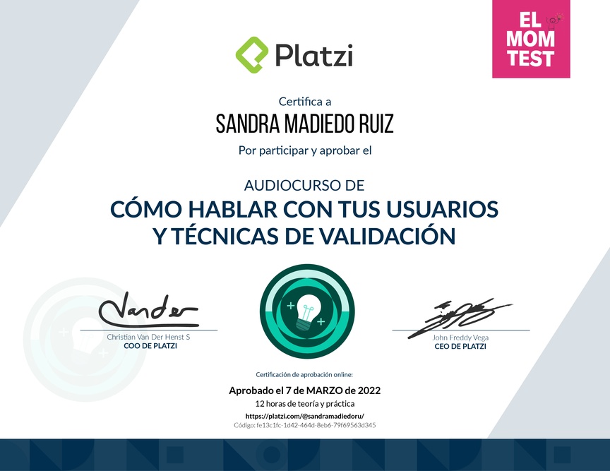 Diploma de Audiocurso Cómo Hablar Con Tus Usuarios y Técnicas de Validación