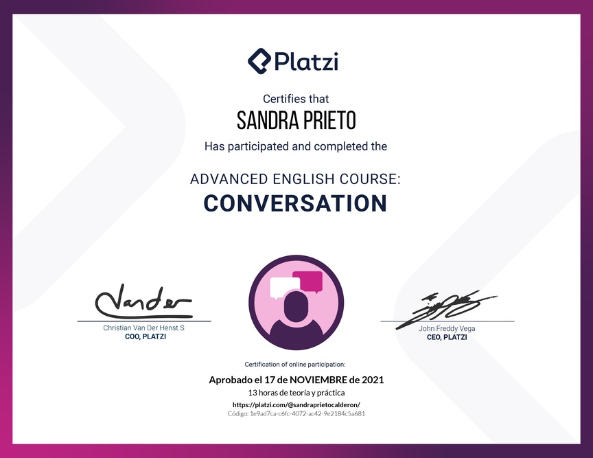 Diploma del Curso de Inglés Avanzado: Conversación 2020