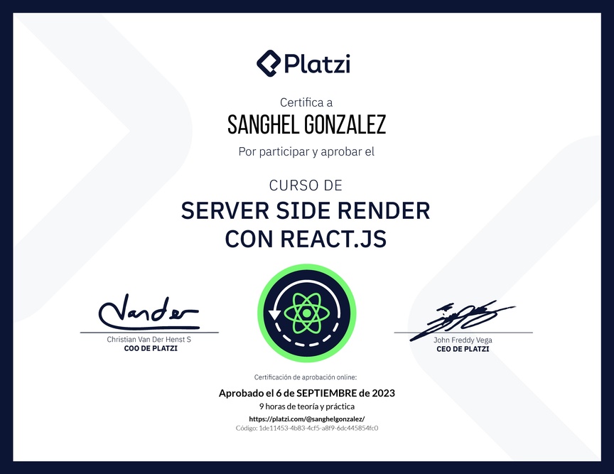 Diploma del Curso de Server Side Render o SSR con React.js