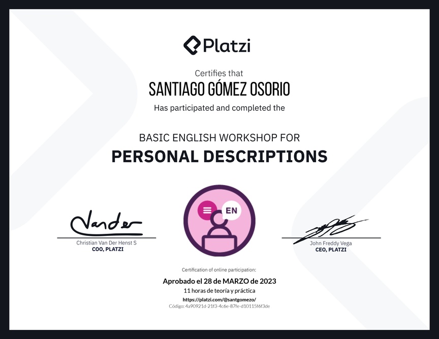 Diploma del Curso de Inglés Práctico para Descripciones Personales (2020=