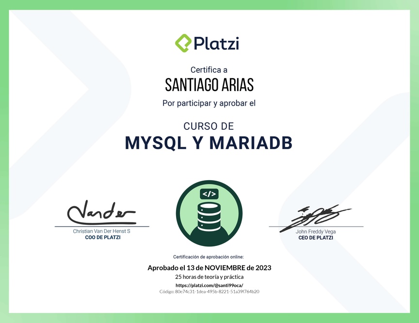 Diploma del Curso de Bases de Datos con MySQL y MariaDB