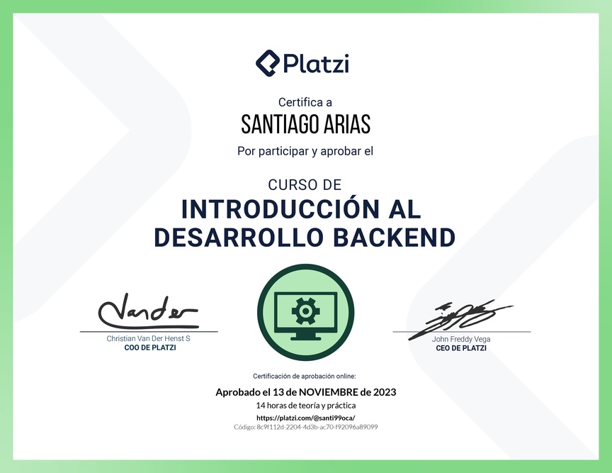 Diploma del Curso de Introducción al Desarrollo Backend