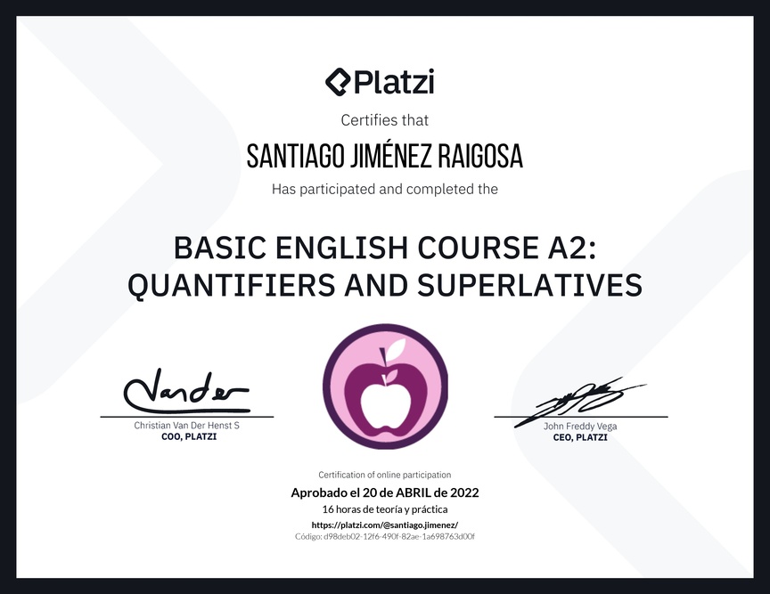 Diploma del Curso de Inglés Básico A2: Cuantificadores y Superlativos