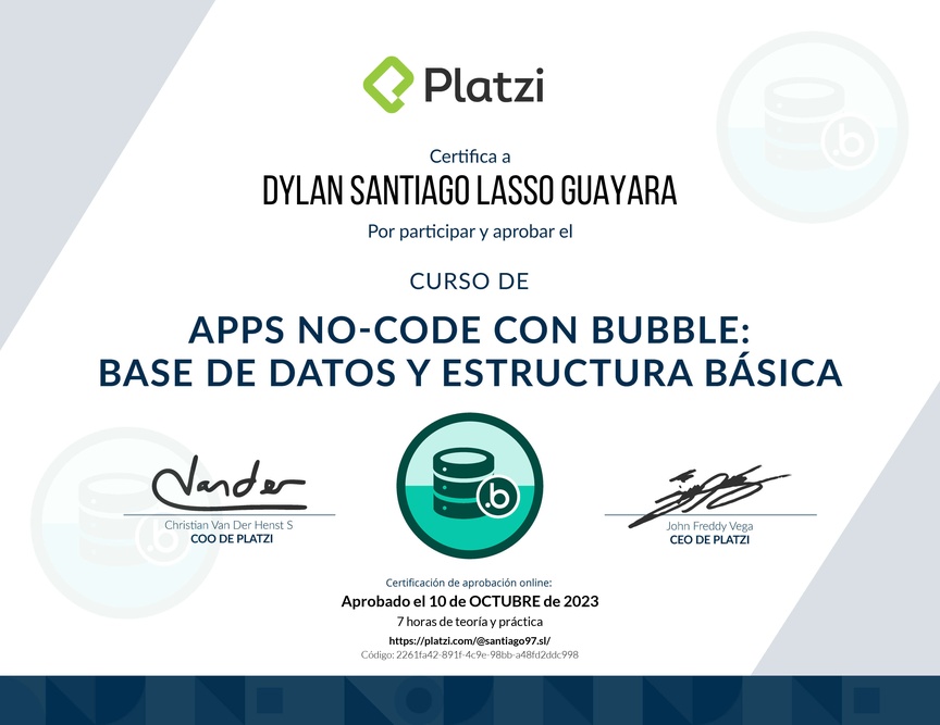Diploma del Curso de Apps No-code con Bubble: Base de Datos y Estructura Básica