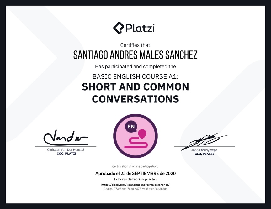 Diploma del Curso de Inglés Básico A1: Conversaciones Cortas y Habituales (2020)
