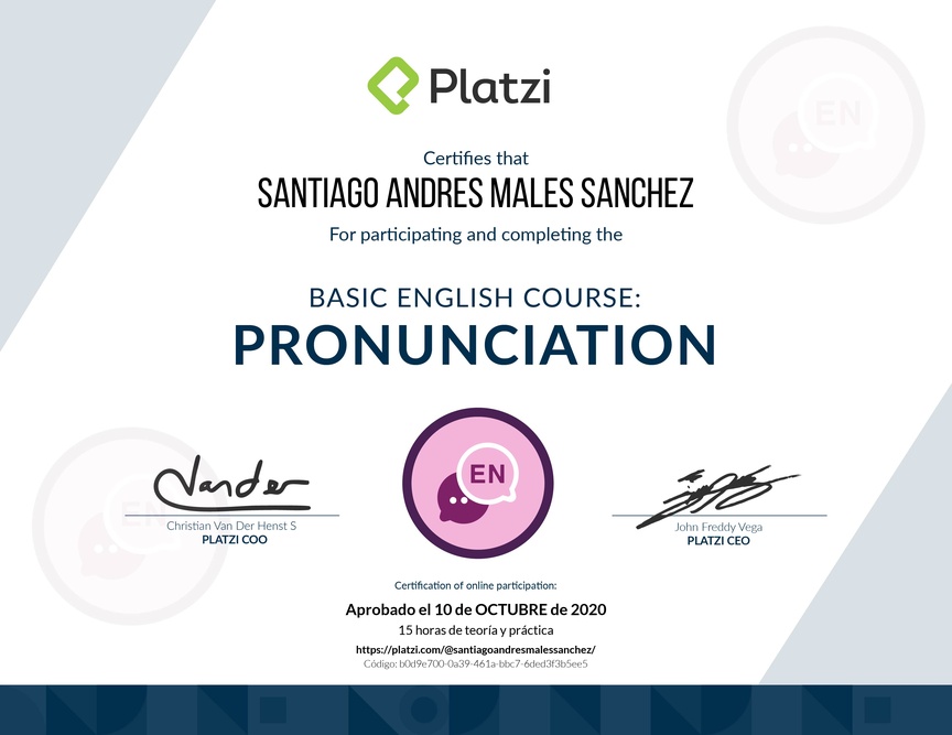 Diploma del Curso de pronunciación básica en Inglés 2020