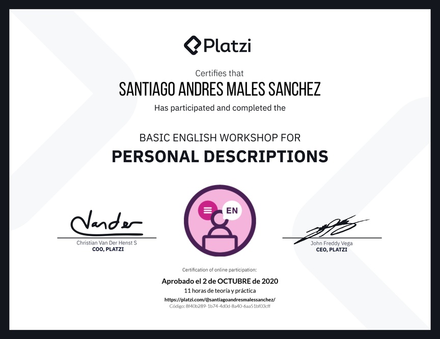 Diploma del Curso de Inglés Práctico para Descripciones Personales (2020=