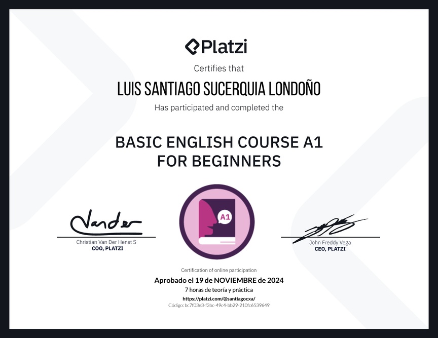 Diploma del Curso de Inglés Básico A1 para Principiantes