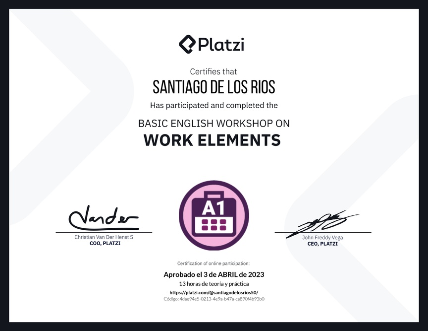 Diploma del Curso de Inglés Práctico sobre Elementos de Trabajo