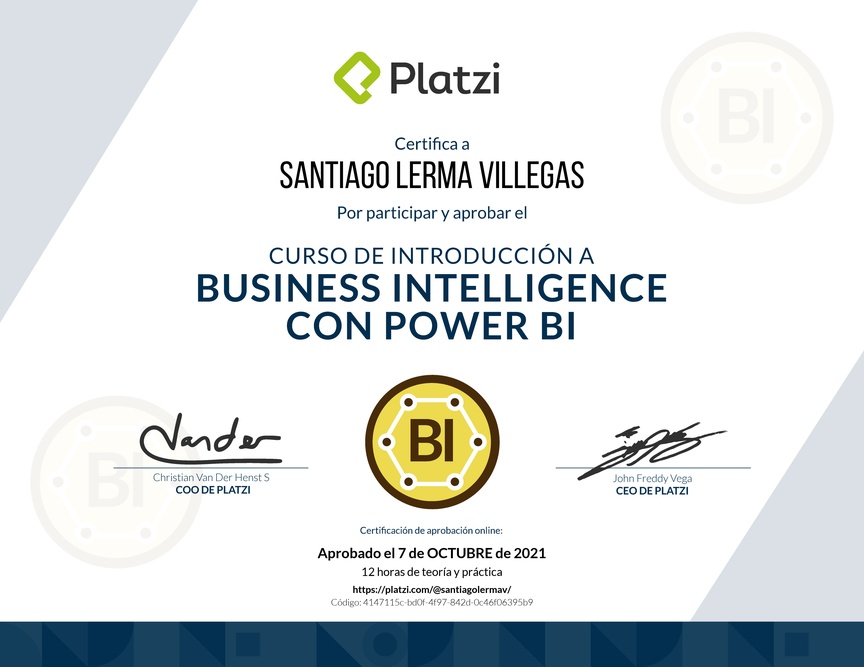 Diploma del Curso de Introducción a Business Intelligence con Power BI