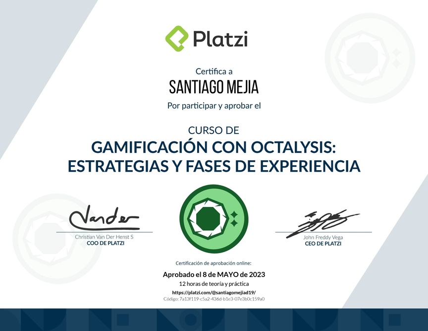 Diploma del Curso de Gamificación con Octalysis: Estrategias y Fases de la Experiencia