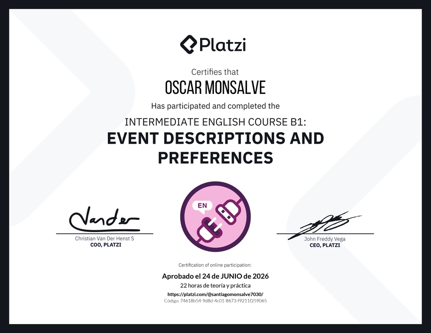 Diploma del Curso de Inglés Intermedio B1: Descripción de Eventos y Preferencias
