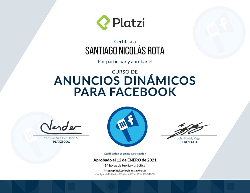 Diploma del Curso de Anuncios Dinámicos para Facebook