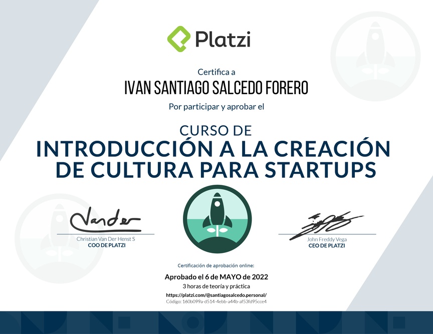 Diploma del Curso de Introducción a la Creación de Cultura para Startups