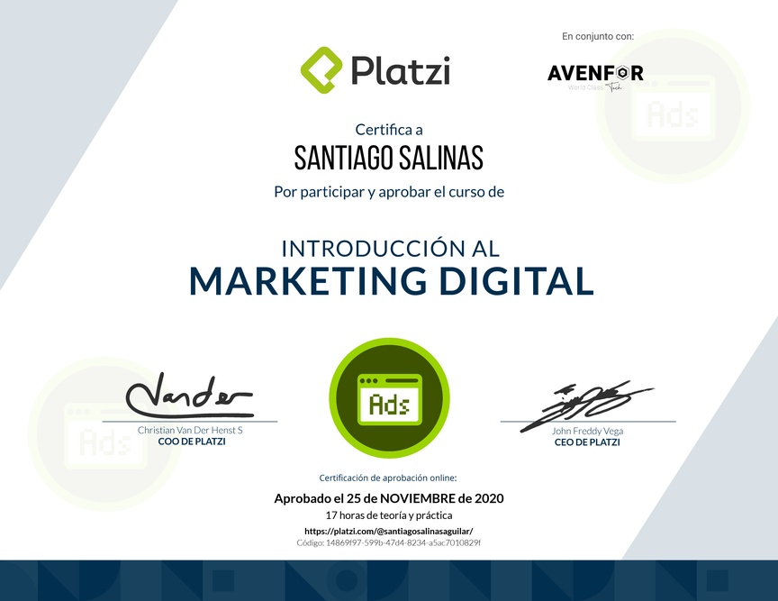 Diploma del Curso de Introducción al Marketing Digital (2018)
