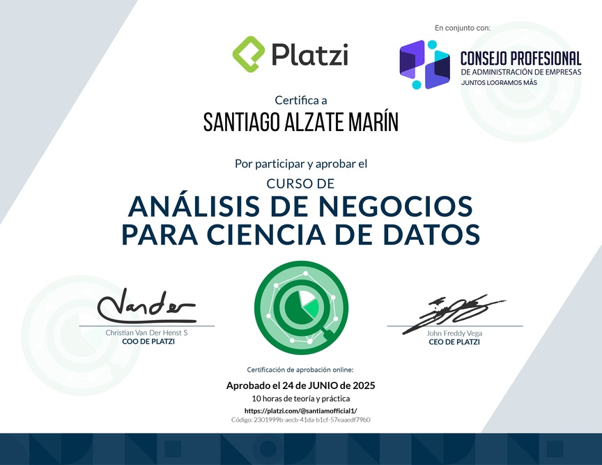 Diploma del Curso de Análisis de Negocios para Ciencia de Datos