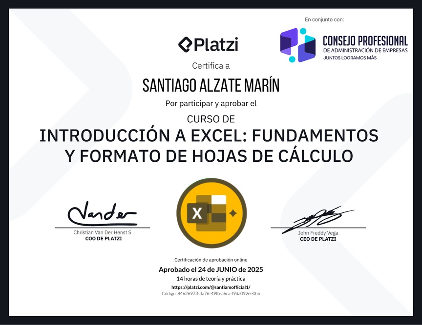 Diploma del Curso de Introducción a Excel para Principiantes: Fundamentos y Formato de Hojas de Cálculo