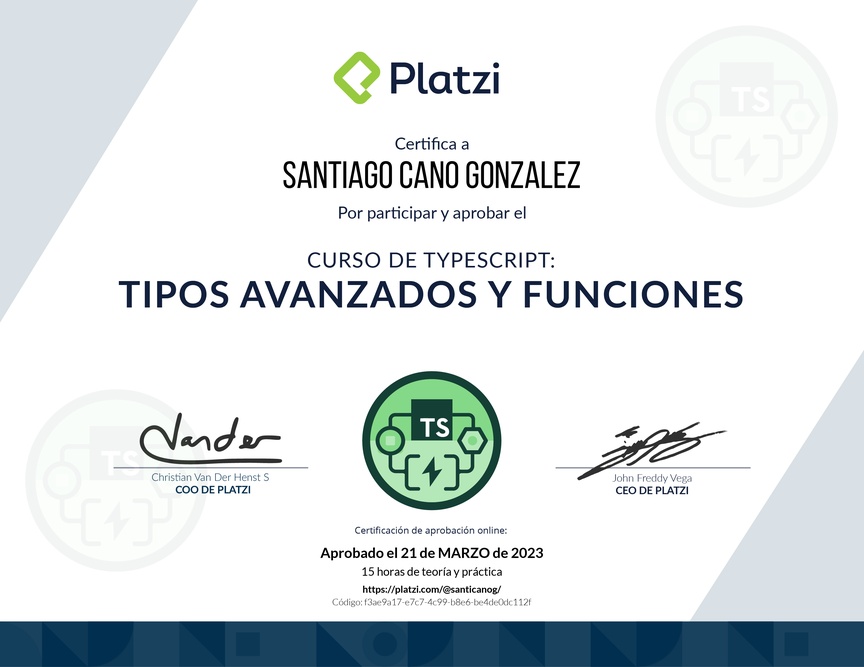 Diploma del Curso de TypeScript: Tipos Avanzados y Funciones