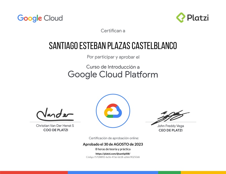 Diploma del Curso de Introducción a Google Cloud Platform