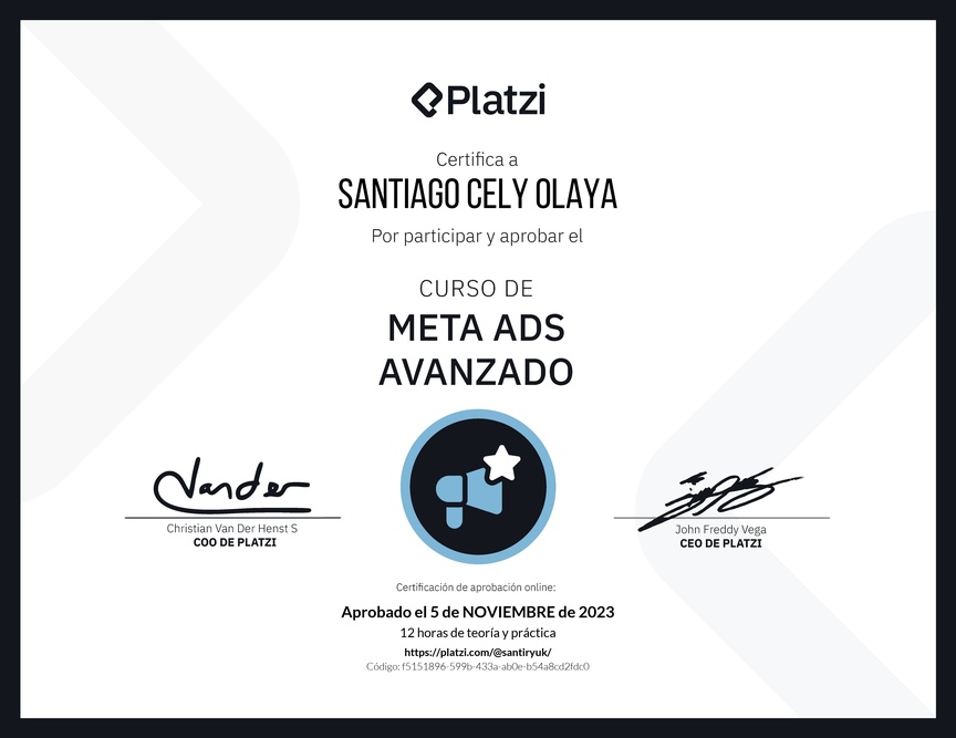 Diploma del Curso de Meta Ads Avanzado: Conoce Nuevas Funcionalidades