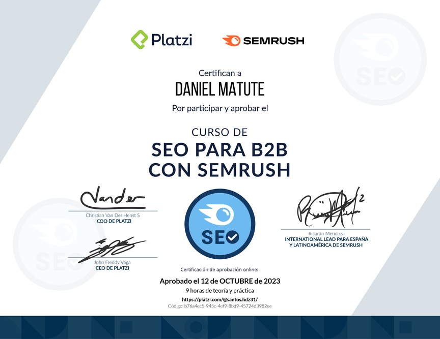 Diploma del Curso de SEO para B2B con Semrush