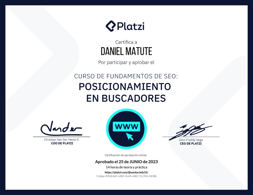 Diploma del Curso de Fundamentos de SEO y Posicionamiento Web