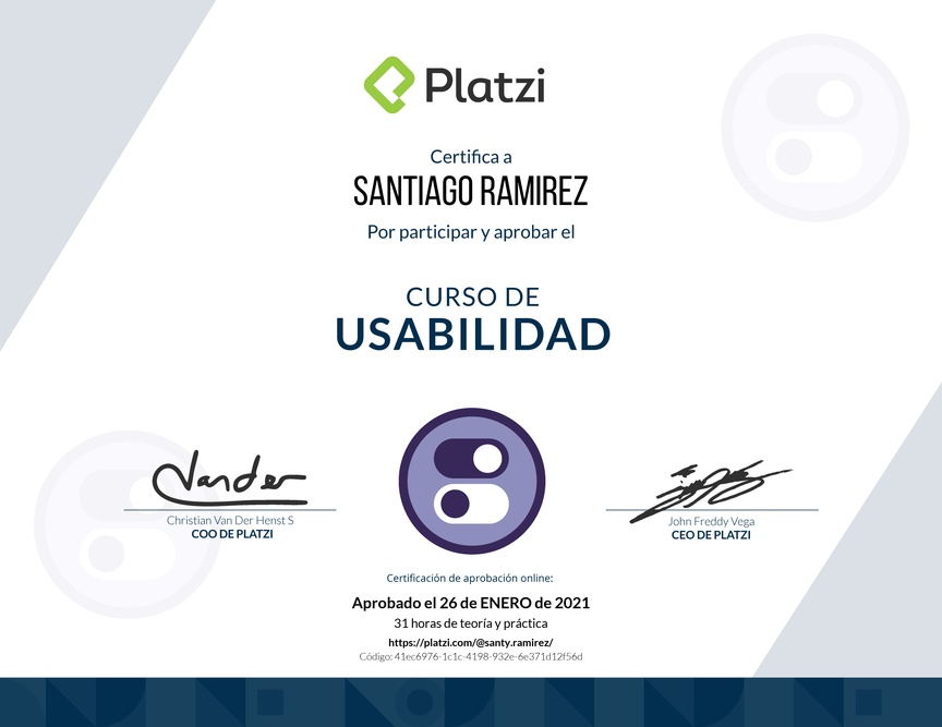 Diploma del Curso de Usabilidad: Principios, Pruebas y Herramientas Avanzadas