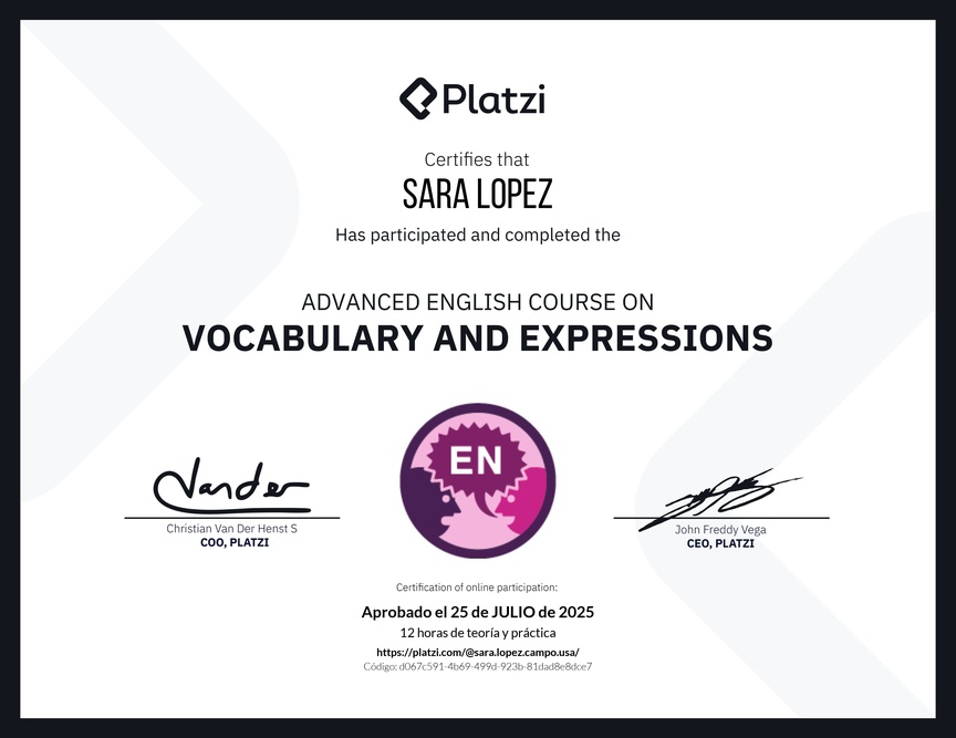 Diploma del Curso Avanzado de Vocabulario y Expresiones en Inglés