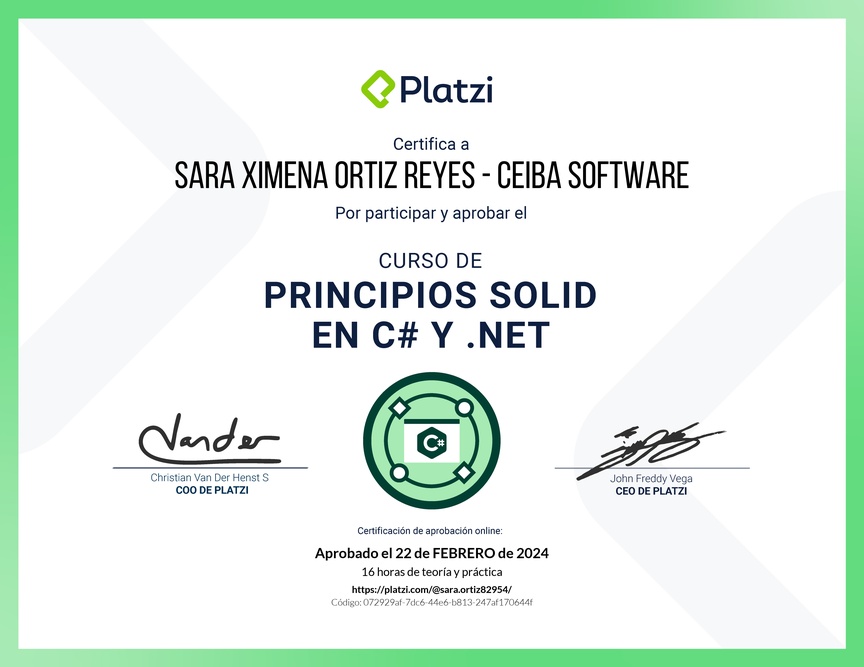 Diploma del Curso de Principios SOLID en C# y .NET