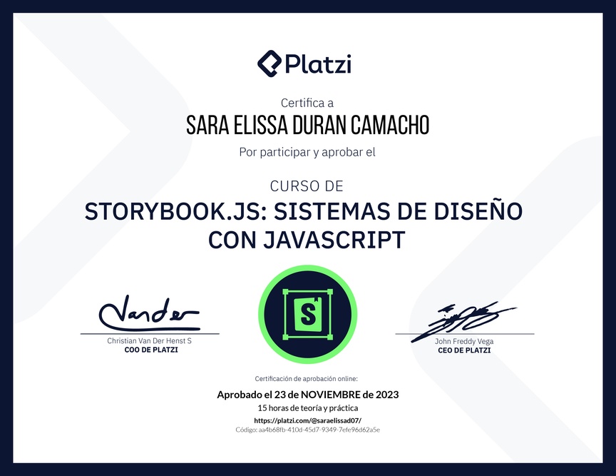 Diploma del Curso de Storybook: Sistemas de Diseño con JavaScript