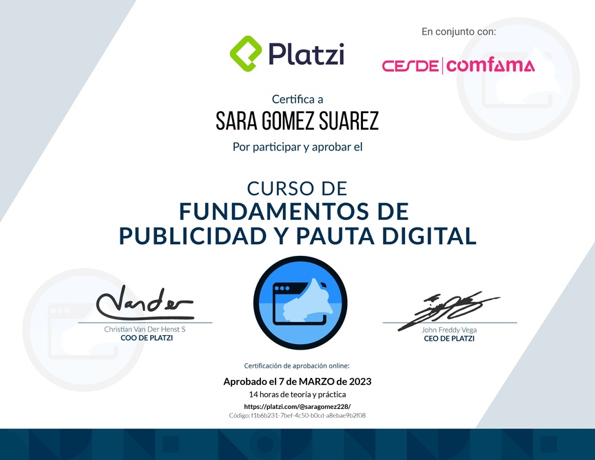Diploma del Curso de Fundamentos de Publicidad y Pauta Digital