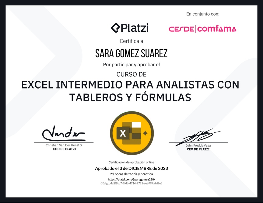 Diploma del Curso de Excel Intermedio para Analistas con Tableros y Fórmulas