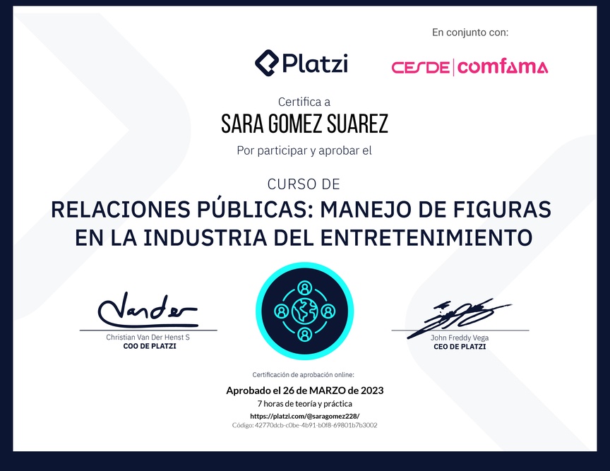 Diploma del Curso de Relaciones Públicas: Manejo de Figuras en la Industria del Entretenimiento