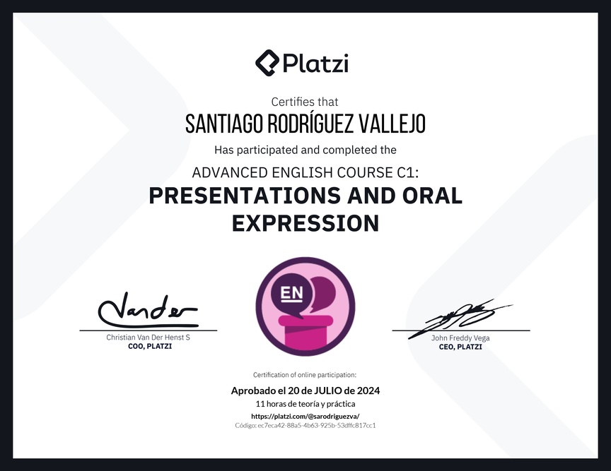 Diploma del Curso de Inglés Avanzado C1: Presentaciones y Expresión Oral