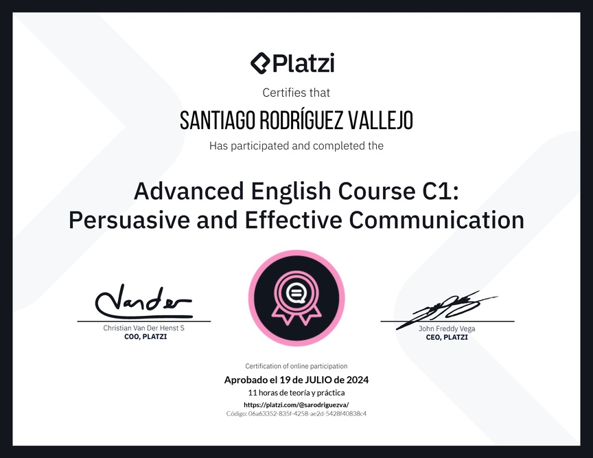 Diploma del Curso de Inglés Avanzado C1: Comunicación Persuasiva y Efectiva