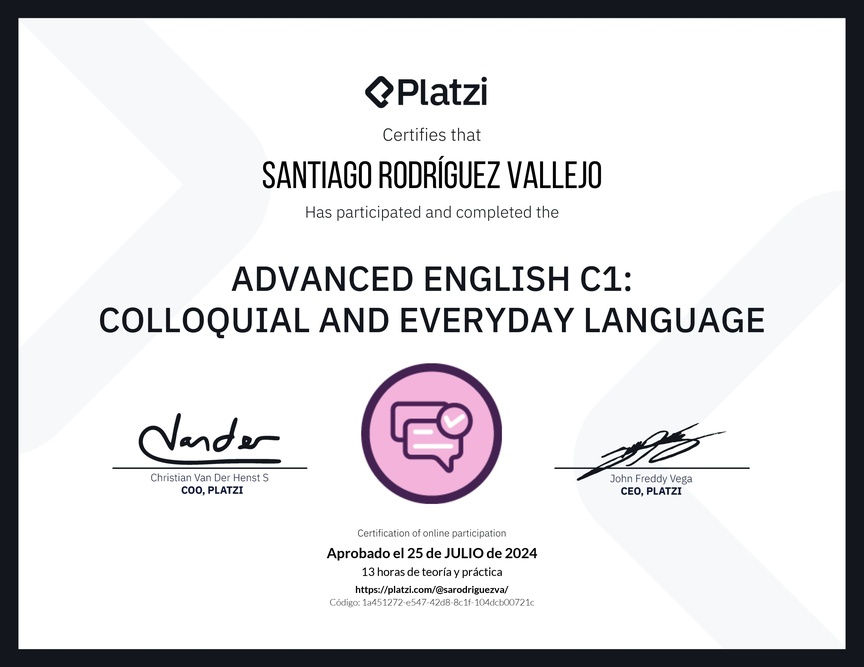 Diploma del Curso de Inglés Avanzado C1: Lenguaje Coloquial y Habitual