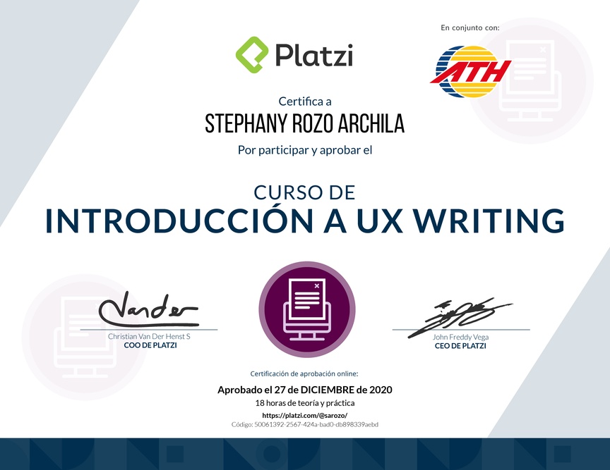Diploma del Curso de UX Writing básico