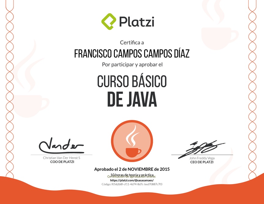 Diploma del Curso básico de Java 2015